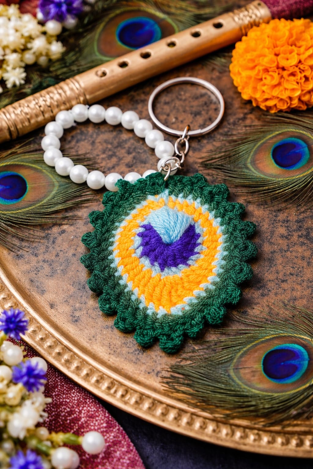 Peacock feather crochet keychain