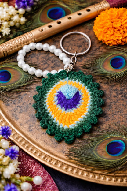 Peacock feather crochet keychain