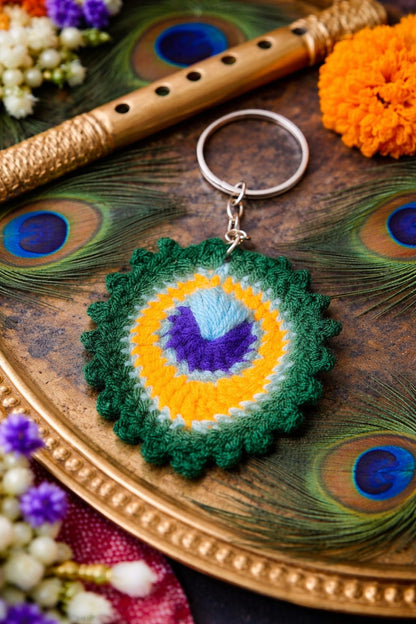 Peacock feather crochet keychain